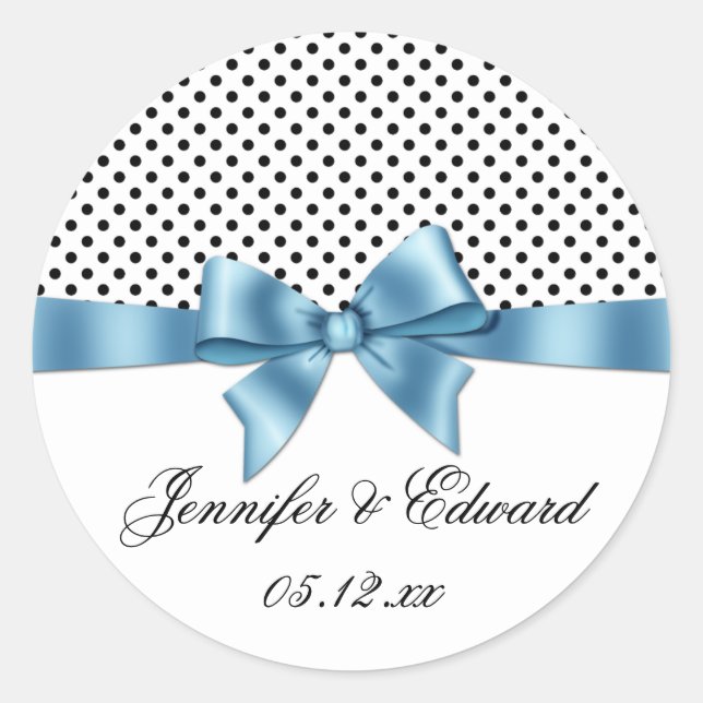 Schwarz-weiß Polka Dots Blue Ribbon Save the Date Runder Aufkleber (Vorderseite)