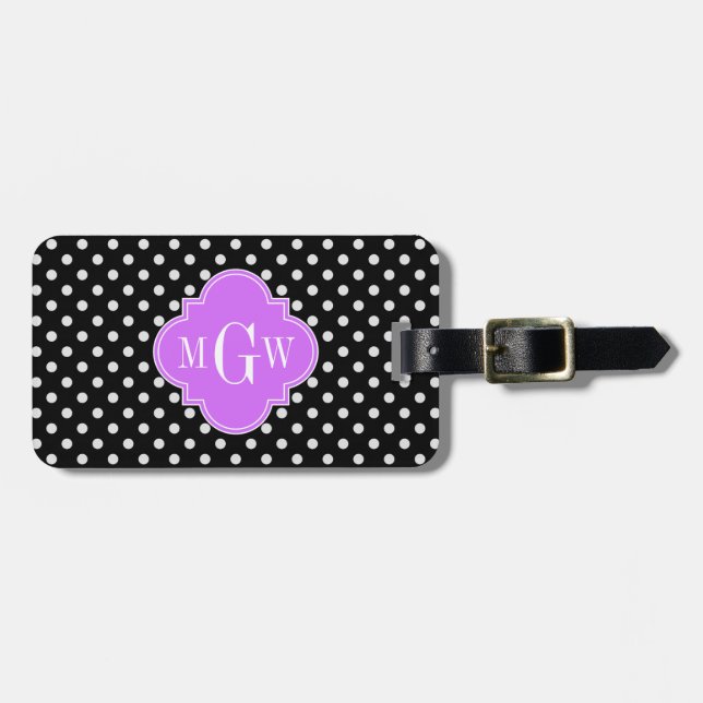 Schwarz-weiß Polka Dots Lilac Quatrefolie 3 Monogr Gepäckanhänger (Vorderseite horizontal)