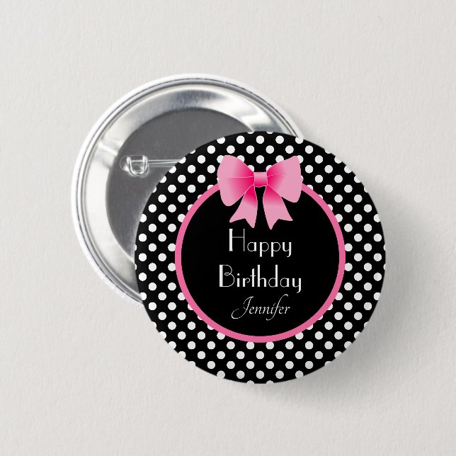 Schwarz & Weiß Polka Dots Muster rosa Bow Name Button (Vorne & Hinten)