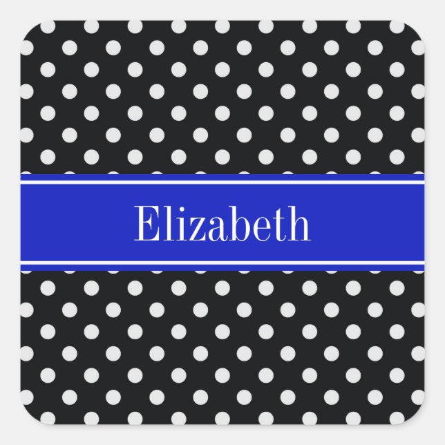 Schwarz-weiß Polka Dots Royal Blue Name Monogram Quadratischer Aufkleber (Vorderseite)