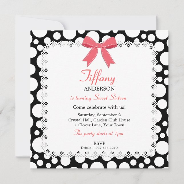 Schwarz & Weiß Polka Dots w/Lace Sweet 16 Geburtst Einladung (Vorderseite)