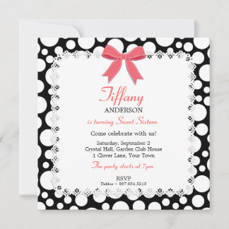 Schwarz & Weiß Polka Dots w/Lace Sweet 16 Geburtst Einladung