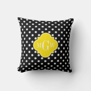 Schwarz Weiß Polka Punkt Gelb Vierblatt 3 Monogram Kissen