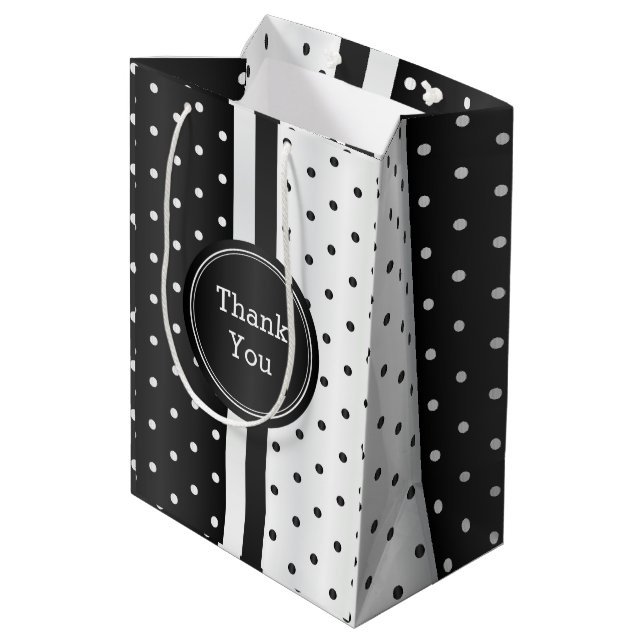 Schwarz-Weiß-Polka-Punkte - Danke Mittlere Geschenktüte (Rückseite Schrägansicht)