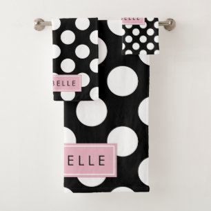 Schwarz-Weiß-Polka-Punkte, Dotter, Ihr Name Badhandtuch Set