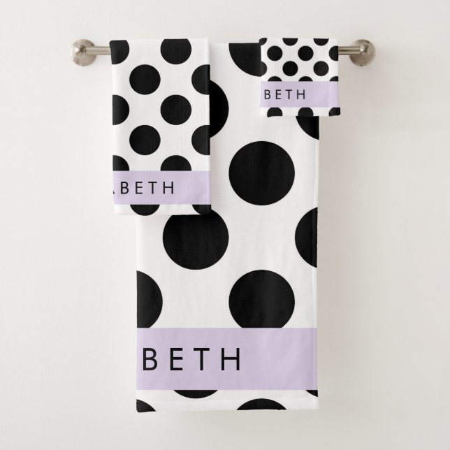 Schwarz-Weiß-Polka-Punkte, Dotter, Ihr Name Badhandtuch Set (Insitu)