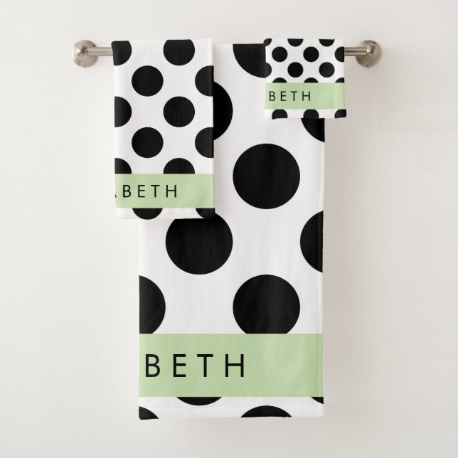 Schwarz-Weiß-Polka-Punkte, Dotter, Ihr Name Badhandtuch Set (Insitu)