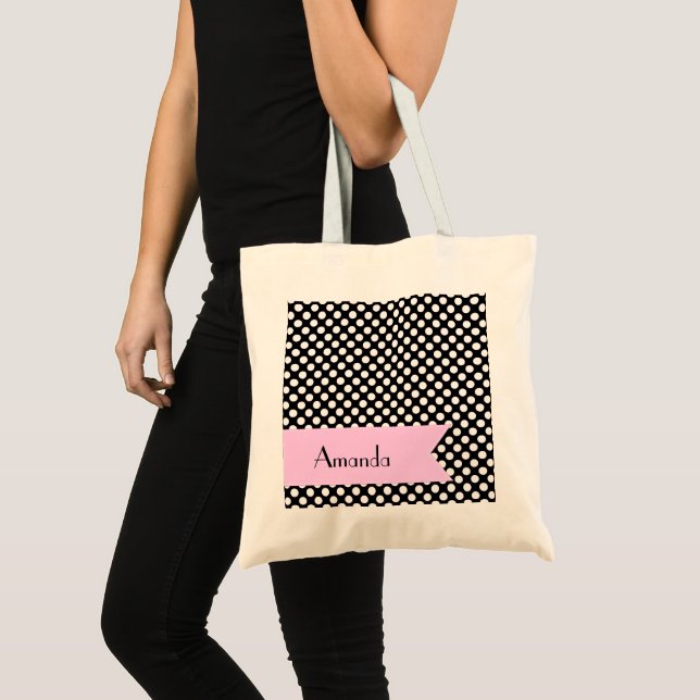 Schwarz-Weiß-Polka-Punkte, Dotter, Ihr Name Tragetasche (Vorderseite (Produkt))