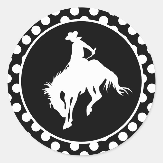 Schwarz-Weiß-Polka-Punkte; Rodeo Cowboy Runder Aufkleber (Vorderseite)