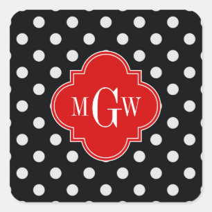 Schwarz Weiß Polka Punkte Rot Vierpass 3 Monogramm Quadratischer Aufkleber