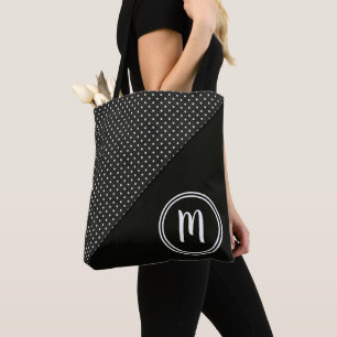 Schwarz-Weiß-Polka-Punkte und Solid-Monogramm Tasche
