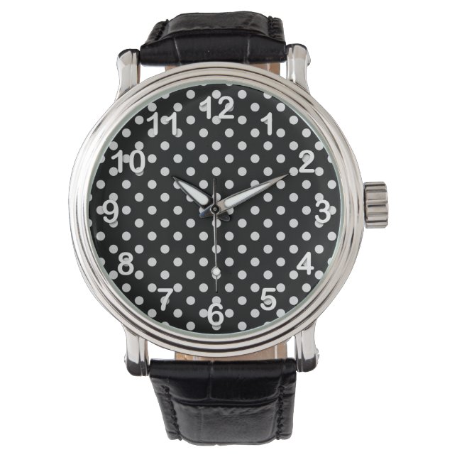 Schwarz-Weiß-Polka-Punktmuster Armbanduhr (Vorderseite)