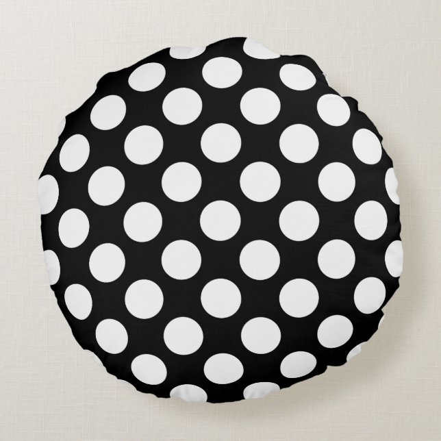 Schwarz-Weiß-Polka-Punktmuster Rundes Kissen (Rückseite)