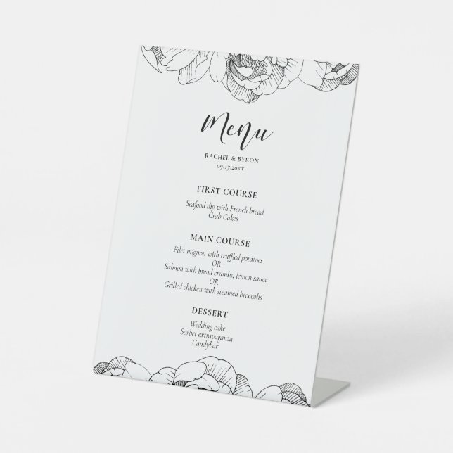 Schwarz-Weiß-Ponys elegantes Hochzeitsmenü Sockelschild (Vorderseite)