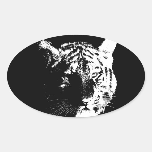 Schwarz-Weiß-Pop Tiger Ovaler Aufkleber (Vorderseite)