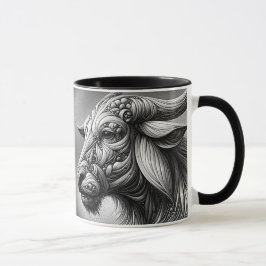 Schwarz-Weiß-Porträt eines stilisierten Büffels. Tasse