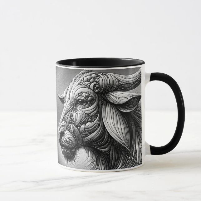 Schwarz-Weiß-Porträt eines stilisierten Büffels. Tasse (Rechts)