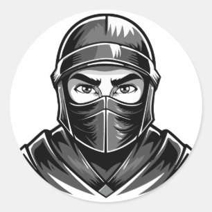 Schwarz-weiß-Porträtkopf männlicher Krieger-Ninja Runder Aufkleber
