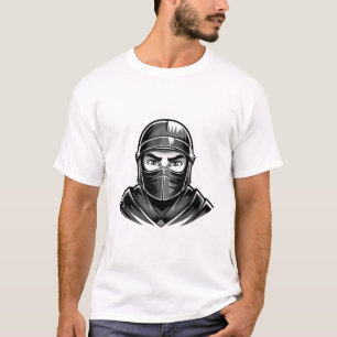 Schwarz-weiß-Porträtkopf männlicher Krieger-Ninja T-Shirt