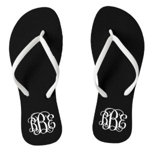 Schwarz-Weiß-Preppy-Script-Monogramm Flip Flops