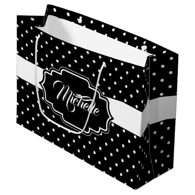 Schwarz-Weiß-Punkte Große Geschenktüte (Vorderseite Schrägansicht)