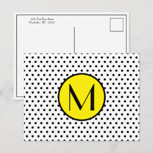 Schwarz-Weiß-Punkte mit gelbem Monogramm Postkarte