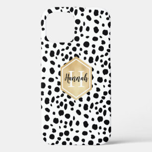 Schwarz-weiß-Punkte-Muster Gold-Monogramm iPhone 12 Hülle