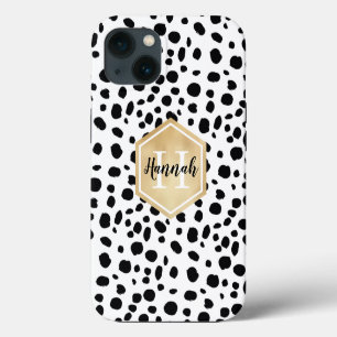 Schwarz-weiß-Punkte-Muster Gold-Monogramm iPhone Hülle