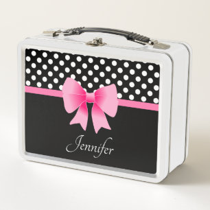 Schwarz-Weiß-Punkte-Muster Rosa-Schleife-Name Metall Brotdose