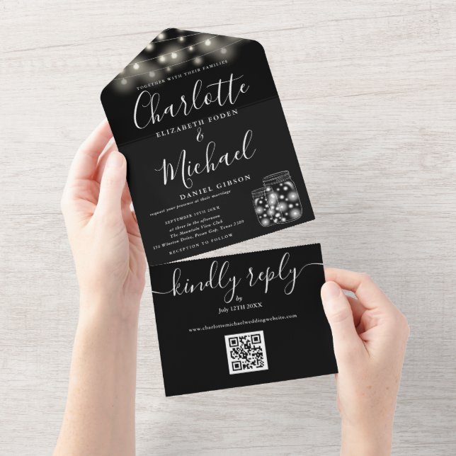 Schwarz-Weiß QR Code Mason Jars Lights Hochzeit All In One Einladung (Abreißen)
