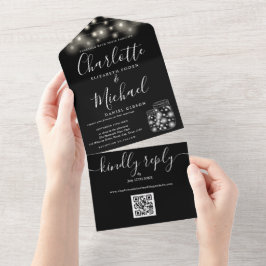 Schwarz-Weiß QR Code Mason Jars Lights Hochzeit All In One Einladung