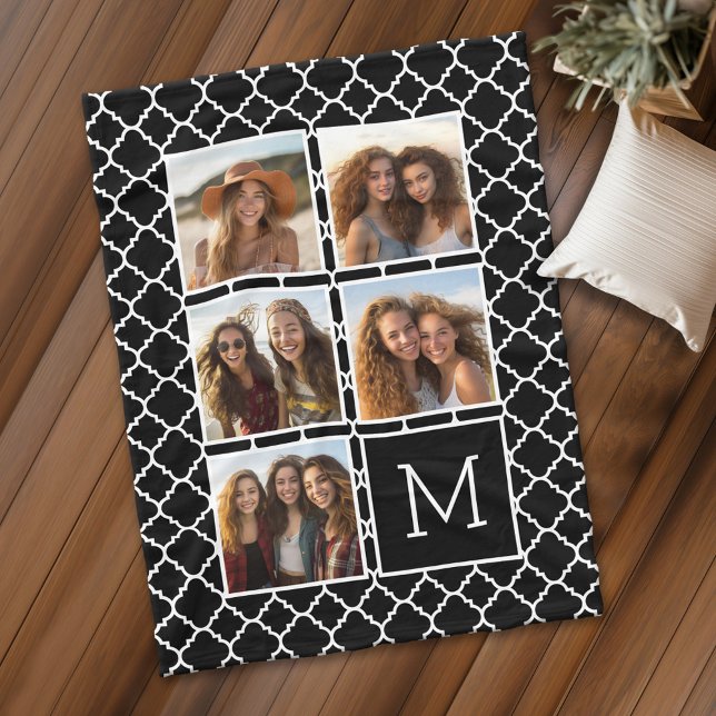 Schwarz-Weiß-Quadrat 5-Fotoleitermonogramm Fleecedecke (Personalized fleece blanket with 5 photos and a monogram)
