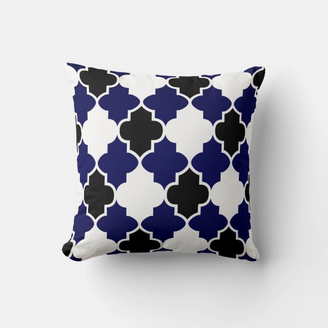 Schwarz-Weiß-Quartett-Muster auf Navy Blue Kissen (Vorderseite)