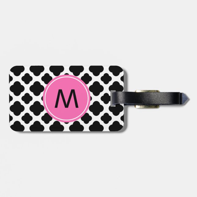Schwarz-Weiß-Quatrefolie, Monogramm mit heißrosa Gepäckanhänger (Rückseite horizontal)