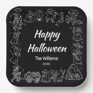 Schwarz-Weiß-Quirky Hand Draodles Halloween Pappteller