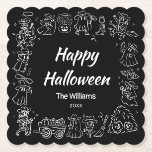 Schwarz-Weiß-Quirky Hand Draodles Halloween Untersetzer
