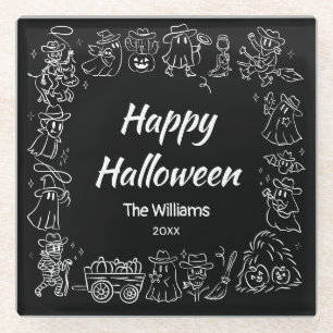 Schwarz-Weiß-Quirky Hand Drawn Happy Halloween Glasuntersetzer