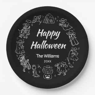 Schwarz-Weiß-Quirky Hand Drawn Happy Halloween Pappteller