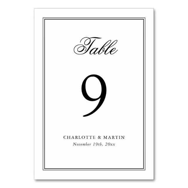 Schwarz-Weiß-Rahmen-Script-Hochzeit Tischnummer (Vorderseite)