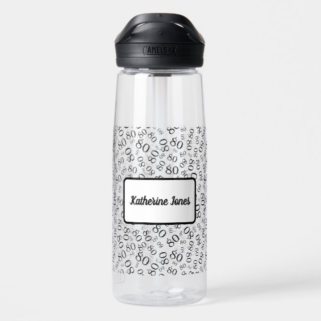 Schwarz-Weiß-Random-Zahlenmuster des 80. Geburtsta Trinkflasche (Rückseite)