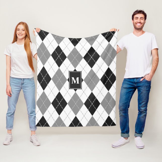 Schwarz-Weiß-Raute kariert mit Monogramm Fleecedecke (Beispiel)