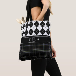 Schwarz-Weiß-Raute und Tartan Mit Monogramm Tasche