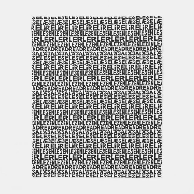 Schwarz-Weiß "Read" in 8 Sprachen Lino Cut Fleecedecke (Vorderseite)