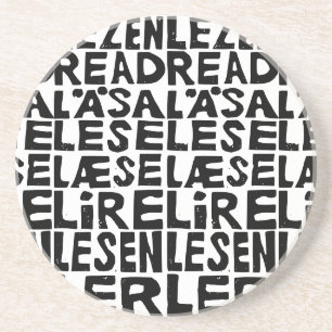 Schwarz-Weiß "Read" in 8 Sprachen Lino Cut Getränkeuntersetzer