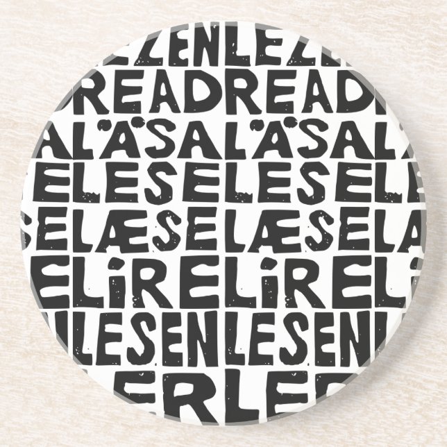 Schwarz-Weiß "Read" in 8 Sprachen Lino Cut Getränkeuntersetzer (Vorne)