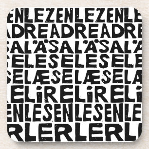 Schwarz-Weiß "Read" in 8 Sprachen Lino Cut Getränkeuntersetzer