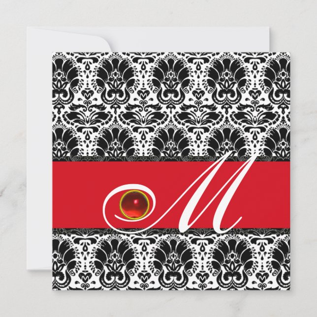 SCHWARZ-WEISS RED DAMASK MONOGRAM Ruby Einladung (Vorderseite)