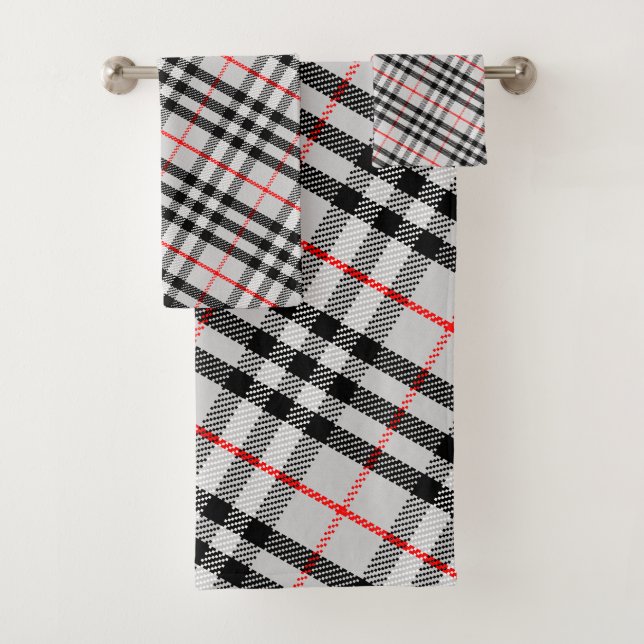Schwarz-weiß Red Gingham | Klassisches Scheckgeweb Badhandtuch Set (Insitu)