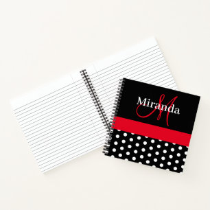 Schwarz-weiß Red Monogram Script Polka Dots Notizbuch