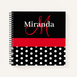 Schwarz-weiß Red Monogram Script Polka Dots Notizbuch